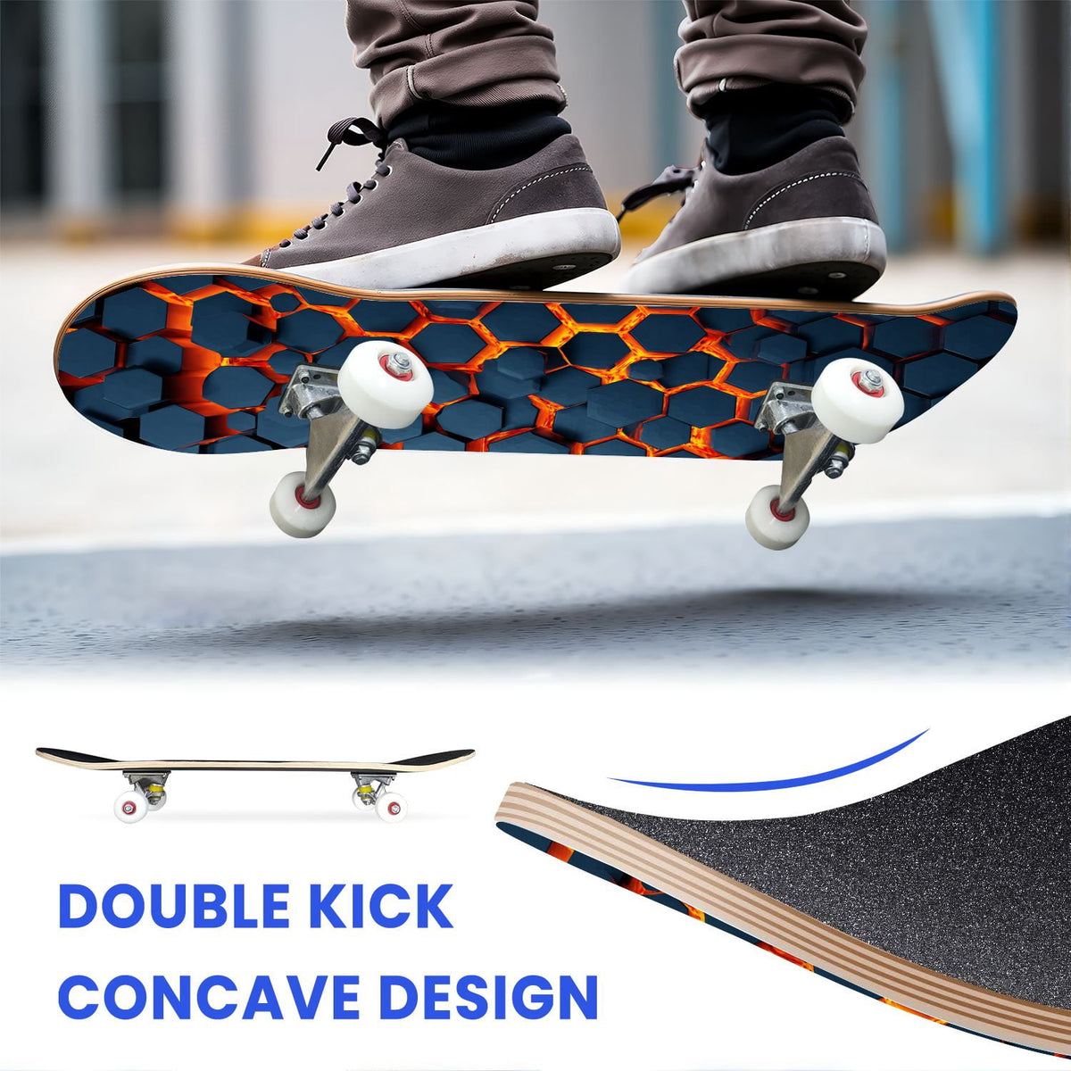 31"x8" Complete Skateboards for Beginners,Geometric Hexagon Glowing Neon Blue Purple Double Kick 7 Ply Canadian Maple Deck Skateboard with Wheels, Gifts for Kids Teens