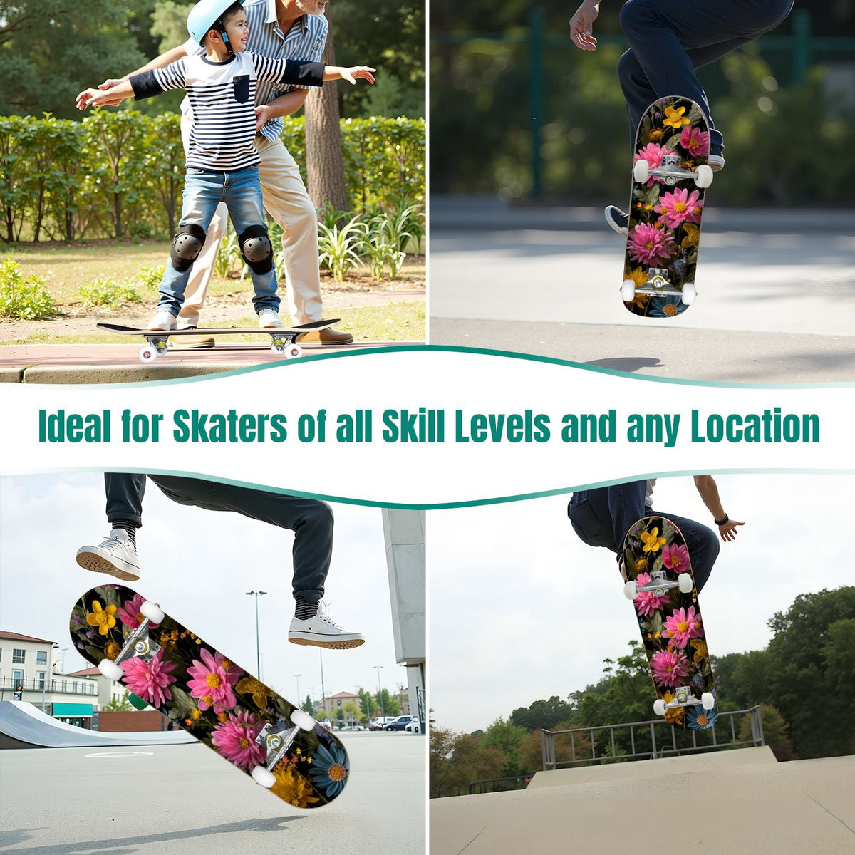 Dark Floral Wildflower Pink Yellow Blue Blooms 31" x 8" Complete Skateboard, 7-Ply Canadian Maple Double Kick Trick Board for Kids and Beginners Adult Gifts