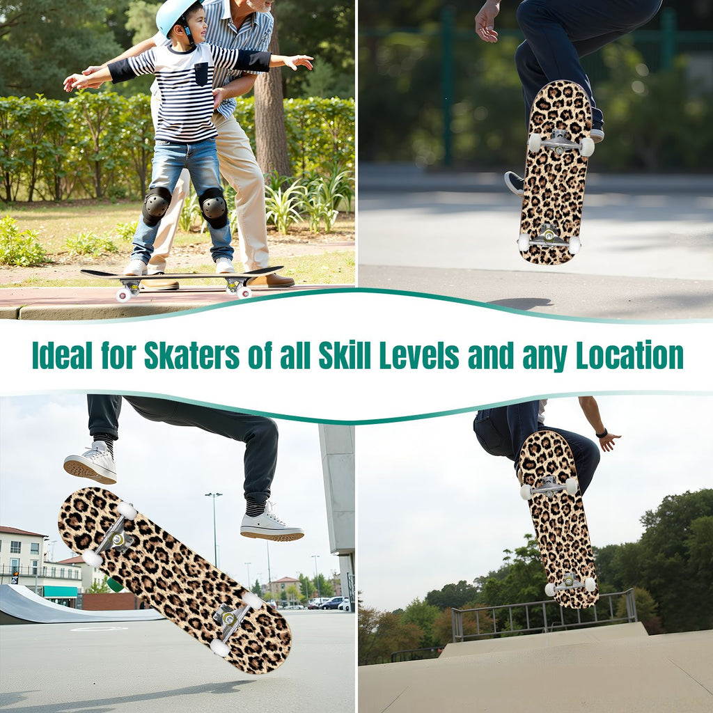 31"x8" Complete Skateboards for Beginners,Black Leopard Print Grey Double Kick 7 Ply Canadian Maple Deck Skateboard with Wheels, Gifts for Kids Teens