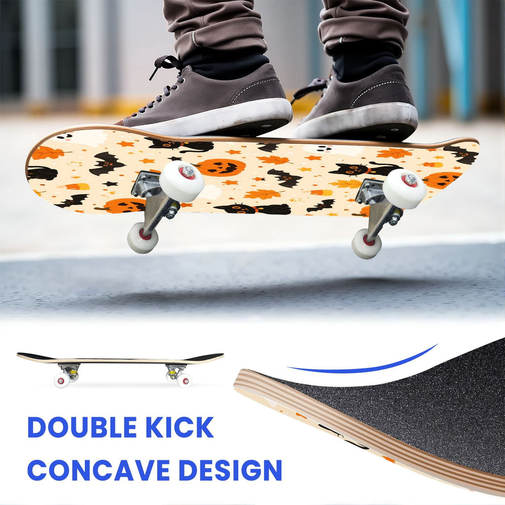 31"x8" Complete Skateboards for Beginners,Halloween Black Cats Pumpkins Ghosts Bats Beige Double Kick 7 Ply Canadian Maple Deck Skateboard with Wheels, Gifts for Kids Teens