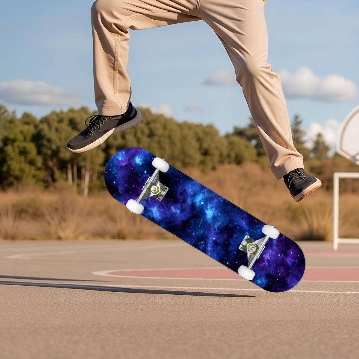 Vibrant Purple Blue Cosmic Galaxy Stars Nebula Clouds 31" x 8" Complete Skateboard, 7-Ply Canadian Maple Double Kick Trick Board for Kids and Beginners Adult Gifts