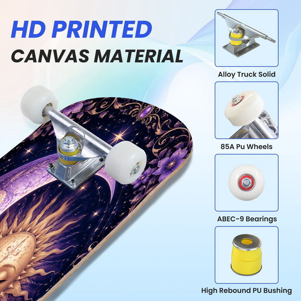 31"x8" Complete Skateboards for Beginners, Purple Celestial Moon Sun Art Floral Stars Double Kick 7 Ply Canadian Maple Deck Skateboard with Wheels, Gifts for Kids Teens
