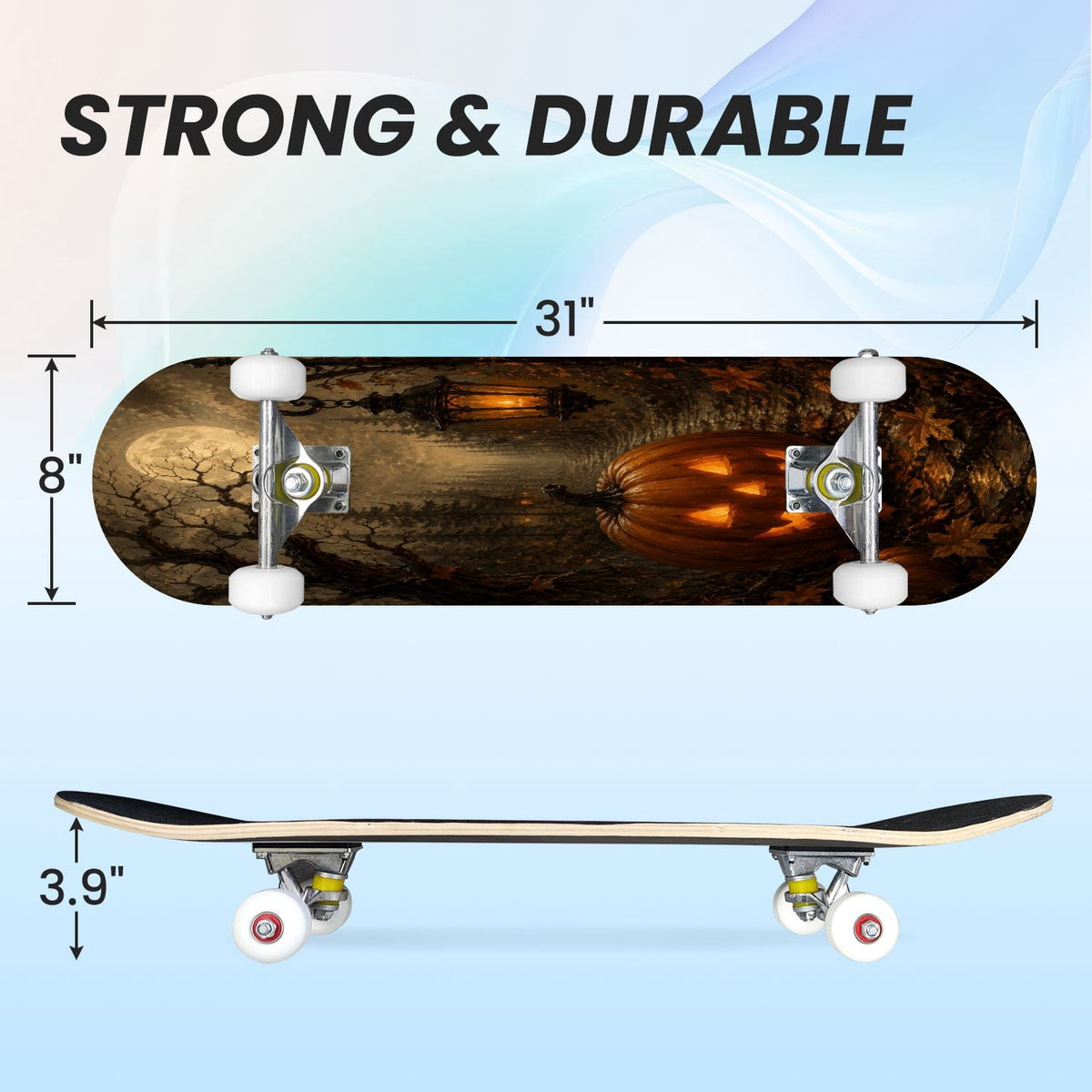 31"x8" Complete Skateboards for Beginners,Halloween Black Cats Pumpkins Ghosts Bats Beige Double Kick 7 Ply Canadian Maple Deck Skateboard with Wheels, Gifts for Kids Teens