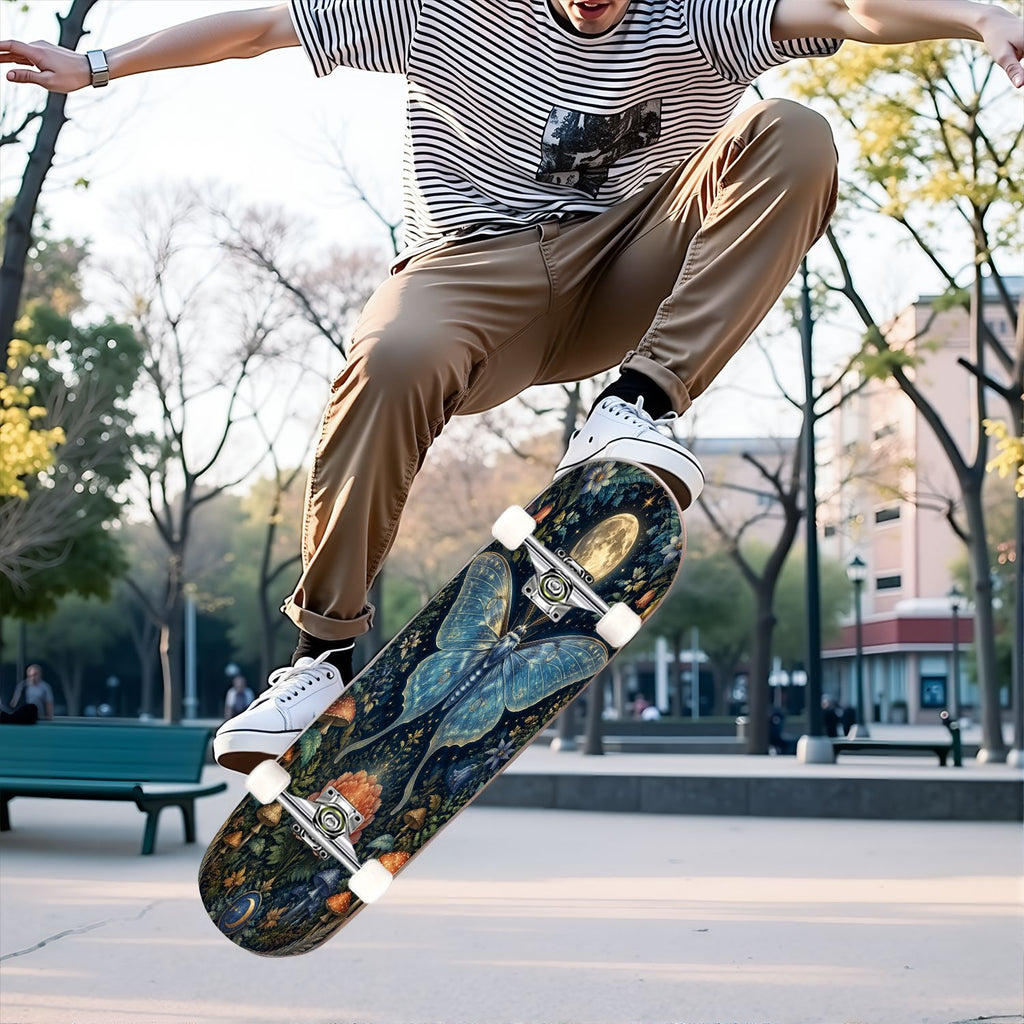 31"x8" Complete Skateboards for Beginners, Blue Moth Moonlight Flowers Mushrooms Forest Double Kick 7 Ply Canadian Maple Deck Skateboard with Wheels, Gifts for Kids Teens