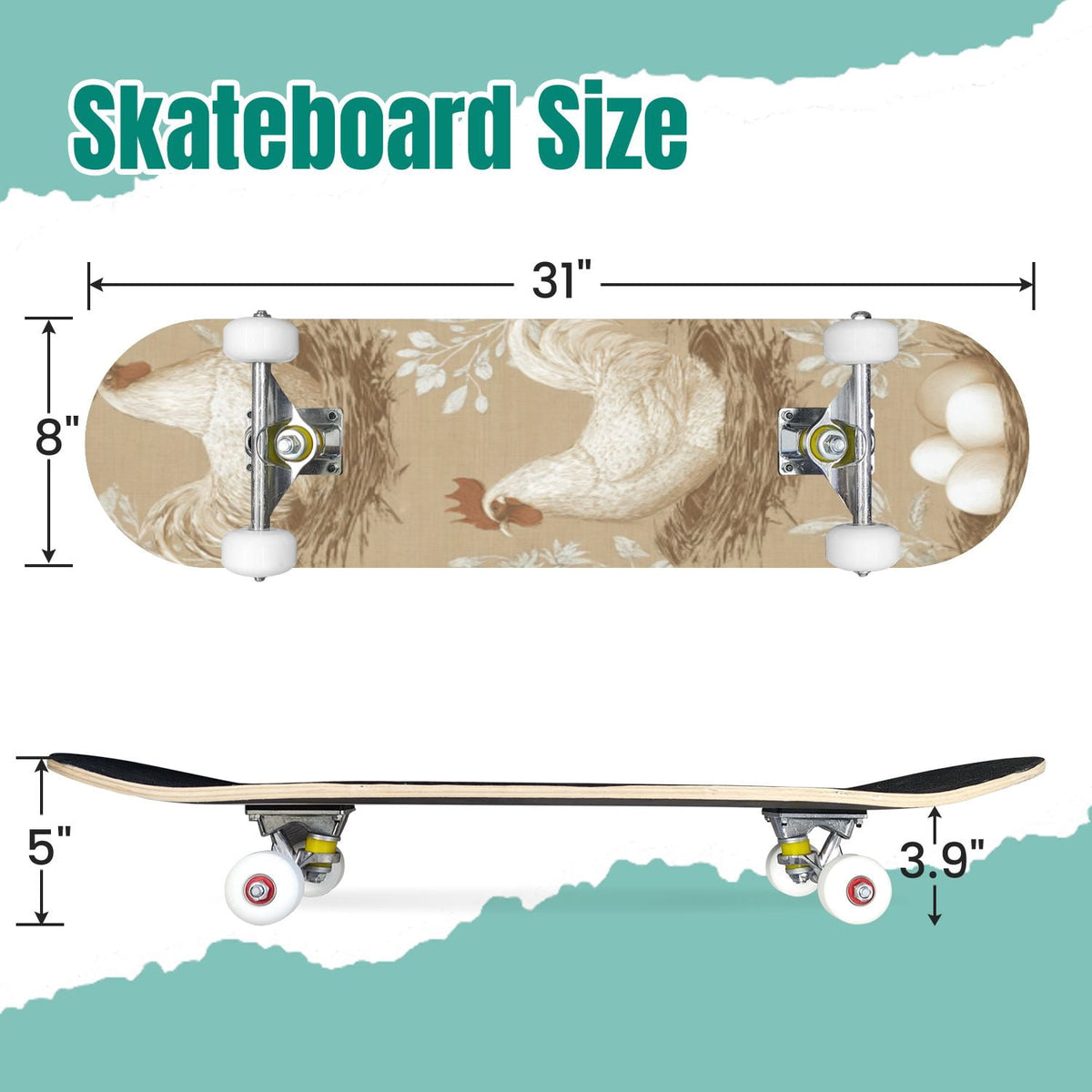 Vibrant Floral Bouquet Pink Roses Bright Colors Teal 31" x 8" Complete Skateboard, 7-Ply Canadian Maple Double Kick Trick Board for Kids and Beginners Adult Gifts