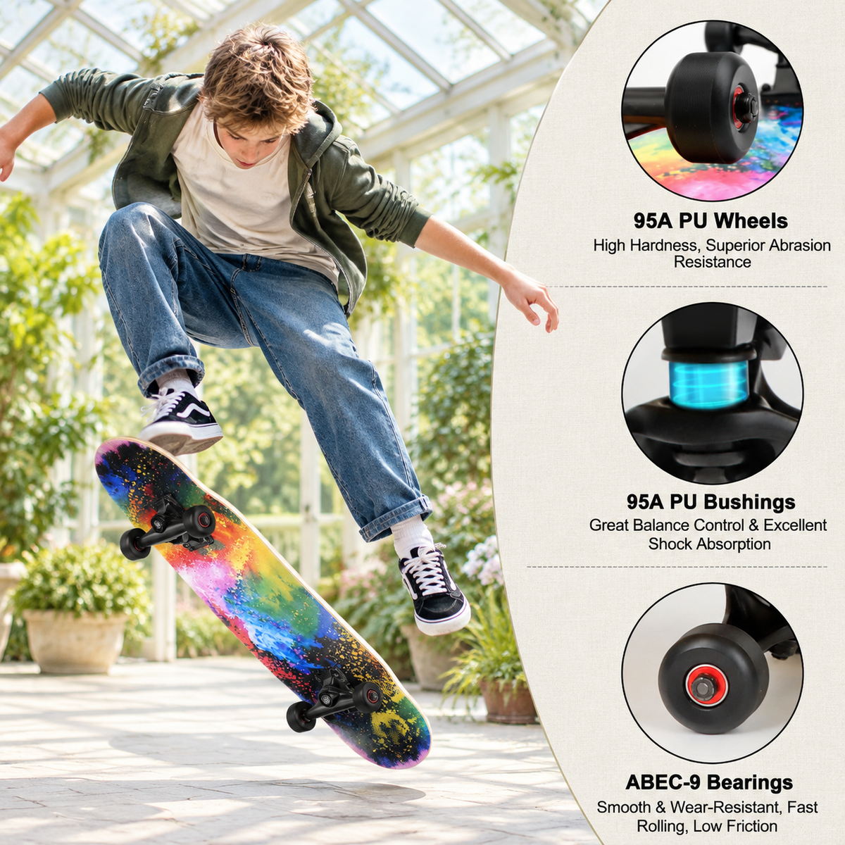 Vivid Standard Complete Skateboard for Beginners Adults Teens, 7 Layer Canadian Maple, Double Kick Concave