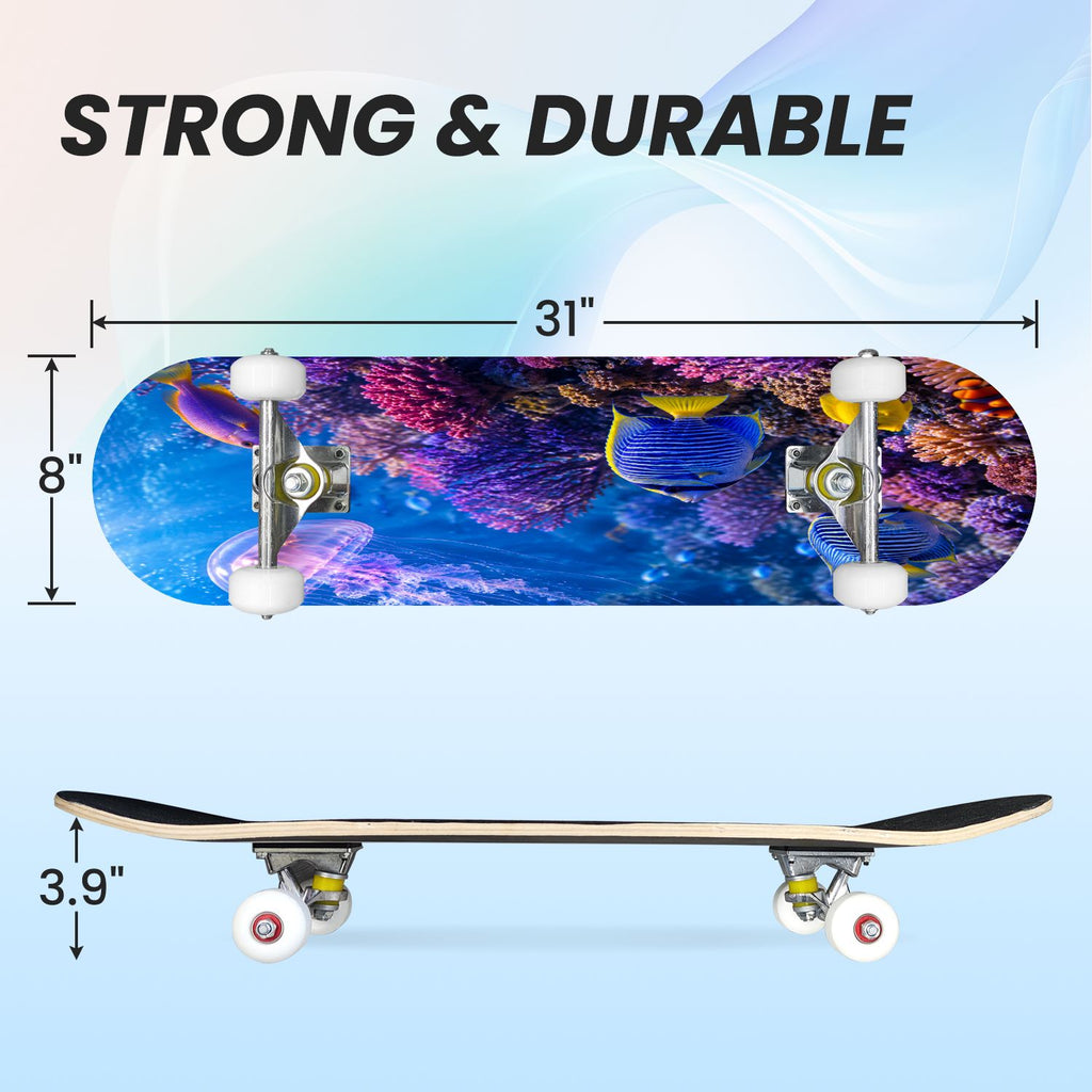 31"x8" Complete Skateboards for Beginners, Colorful Cosmic Octopus Tentacles Starry Marine Life Double Kick 7 Ply Canadian Maple Deck Skateboard with Wheels, Gifts for Kids Teens