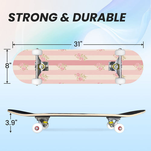 31"x8" Complete Skateboards for Beginners,Pink Cream Vertical Stripes Double Kick 7 Ply Canadian Maple Deck Skateboard with Wheels, Gifts for Kids Teens