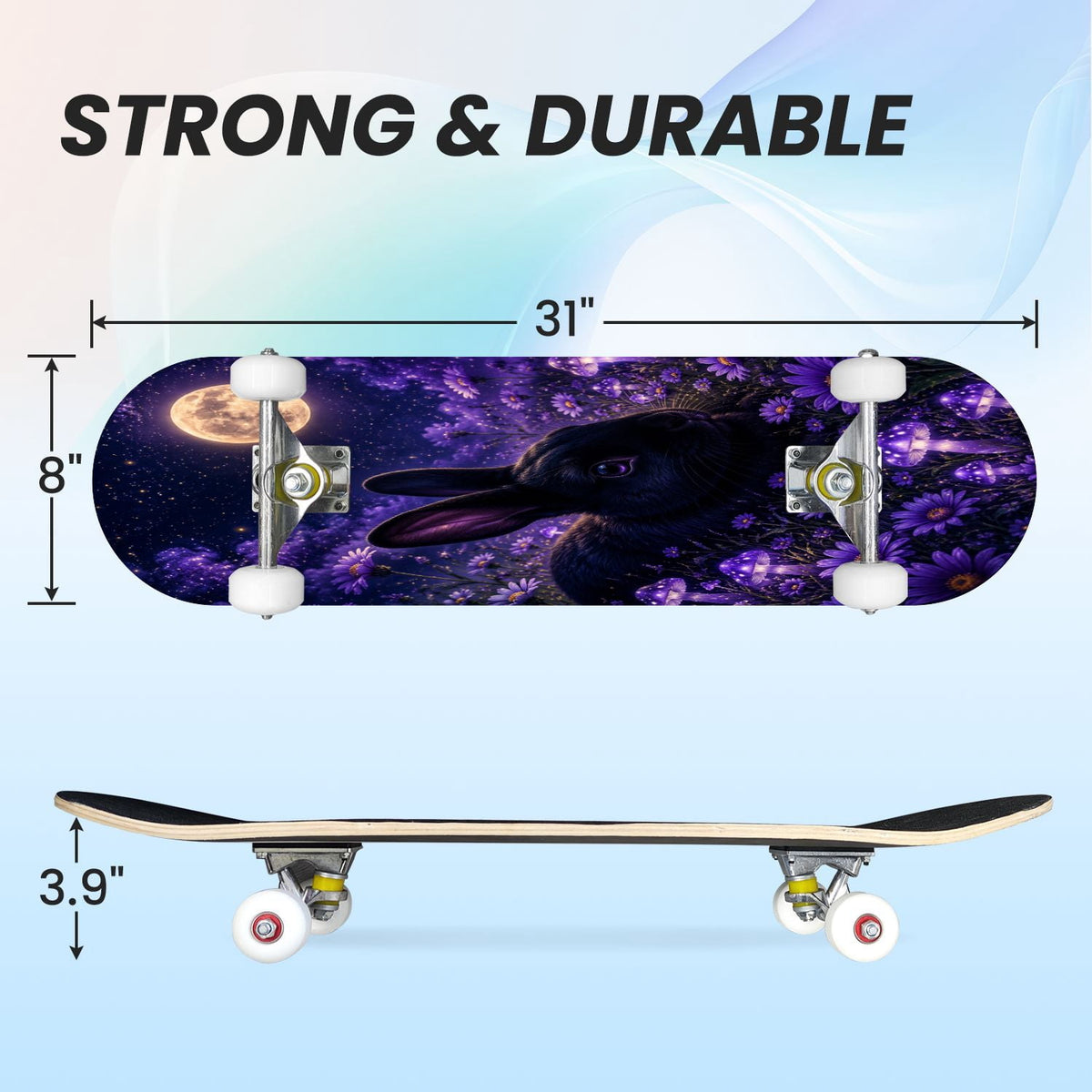 31"x8" Complete Skateboards for Beginners, Glowing Bioluminescent Mushrooms Mystical Forest Double Kick 7 Ply Canadian Maple Deck Skateboard with Wheels, Gifts for Kids Teens