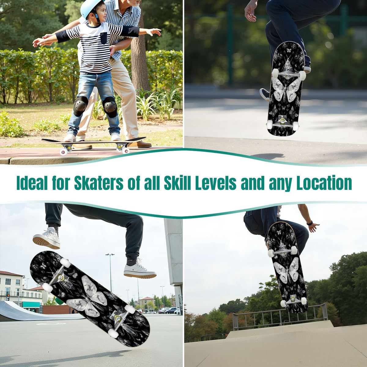 31"x8" Complete Skateboards for Beginners, Ethereal Night Garden Roses Starry Sky Dark Academia Double Kick 7 Ply Canadian Maple Deck Skateboard with Wheels, Gifts for Kids Teens