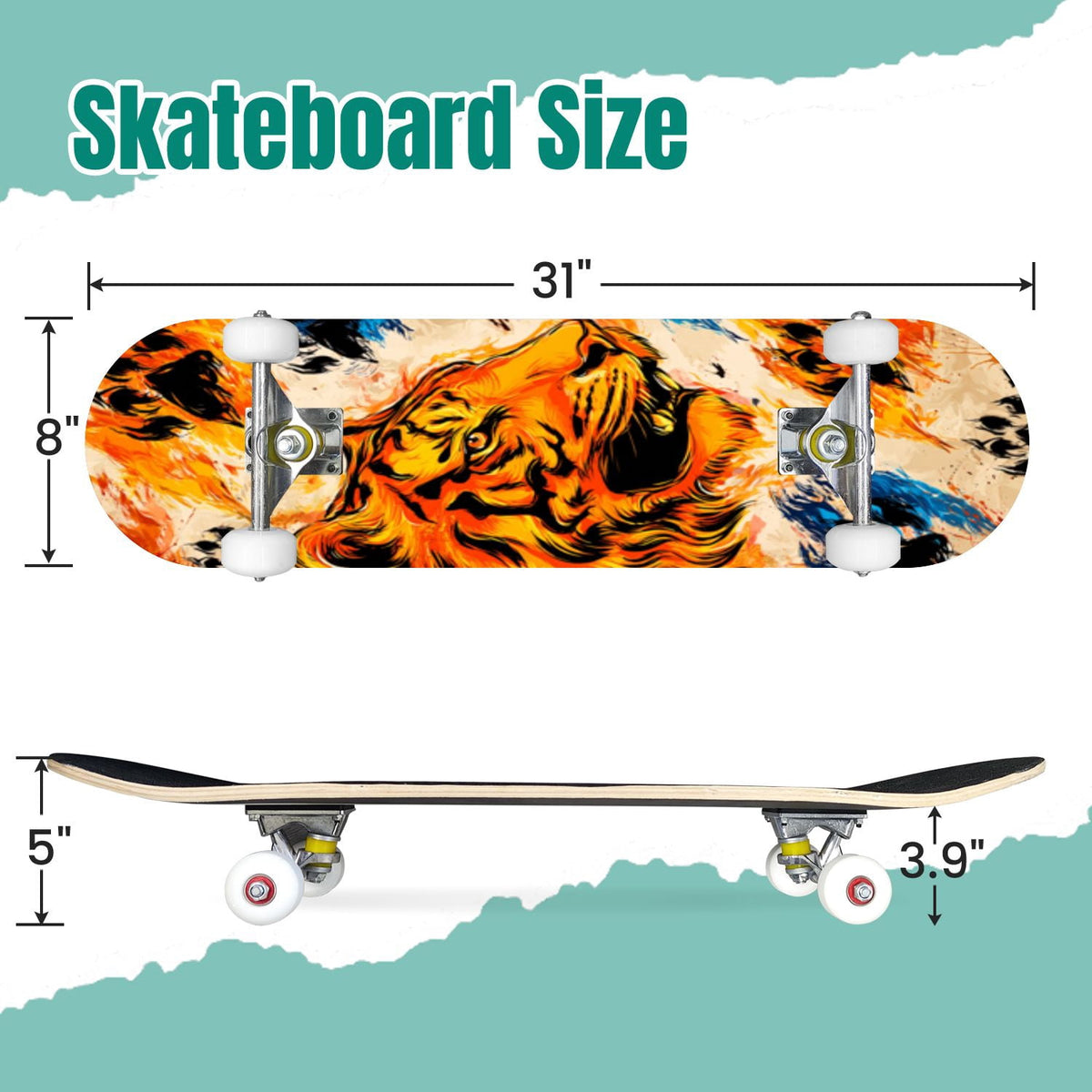 Vintage Floral Bird Sepia Tones 31" x 8" Complete Skateboard, 7-Ply Canadian Maple Double Kick Trick Board for Kids and Beginners Adult Gifts