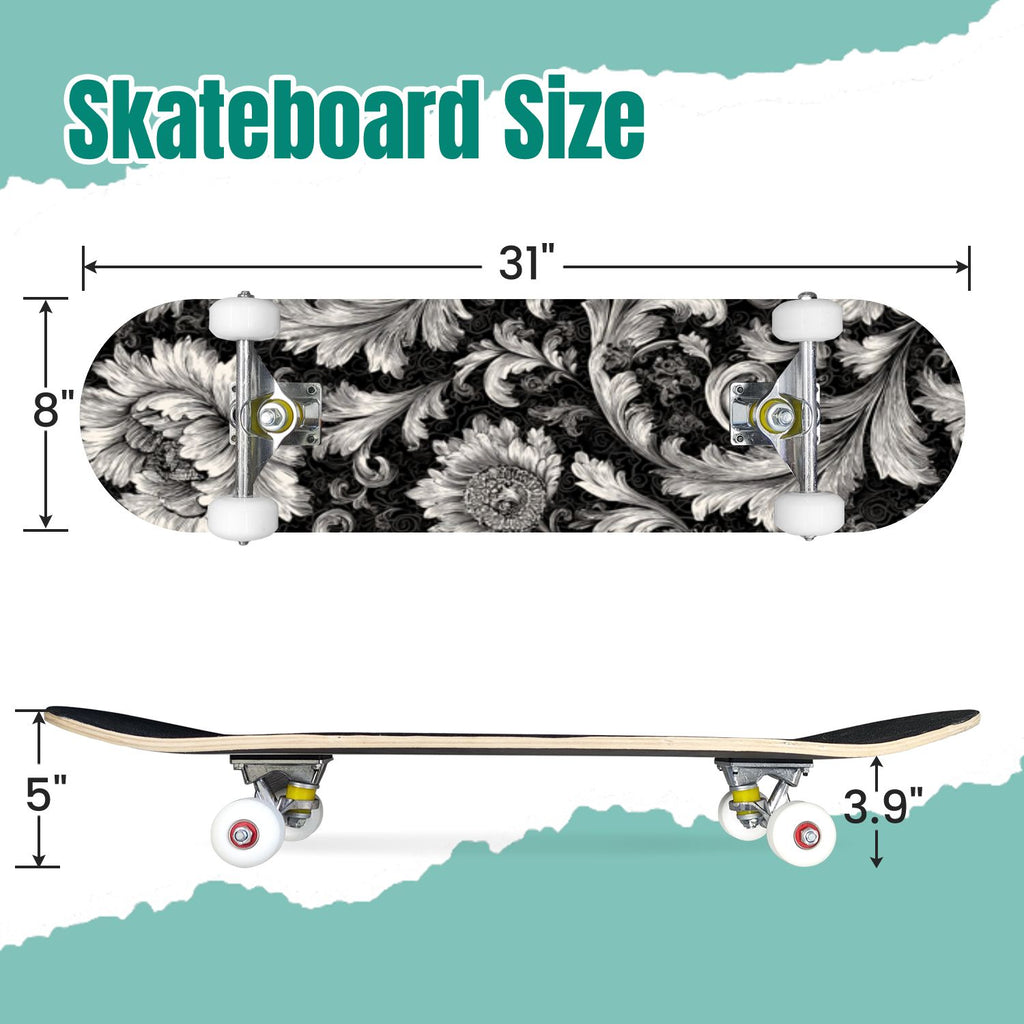 Vintage Floral Bird Sepia Tones 31" x 8" Complete Skateboard, 7-Ply Canadian Maple Double Kick Trick Board for Kids and Beginners Adult Gifts