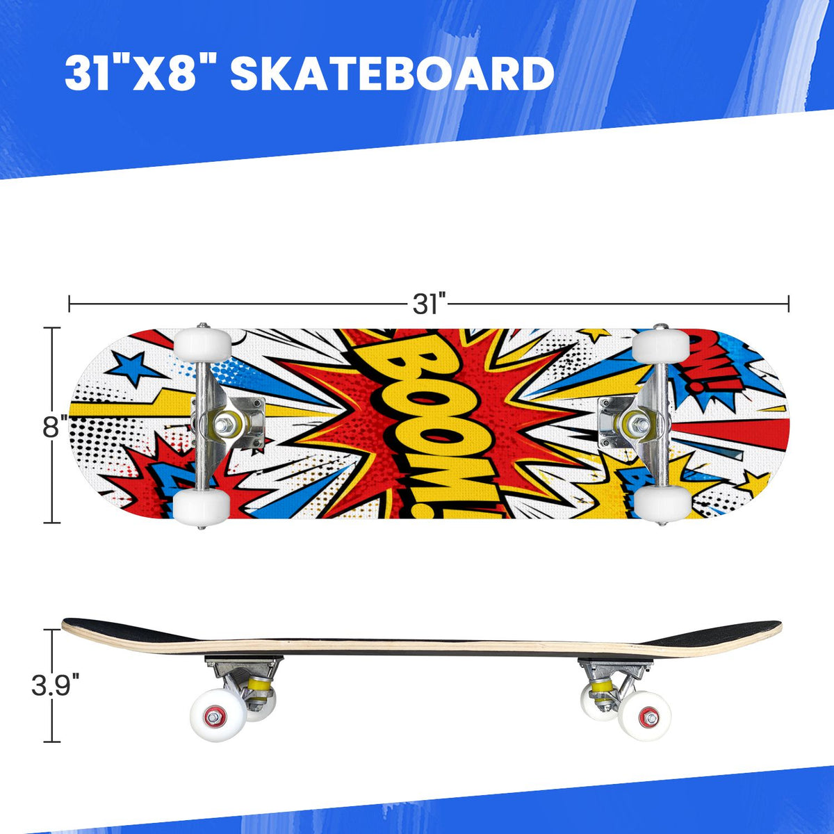 Complete Skateboard Vibrant Comic Eye 31 Inch 7-Ply Maple Skateboard with PU Wheels and Aluminum Trucks, Ready-to-Ride Skateboard for Beginners, Teens and Adults
