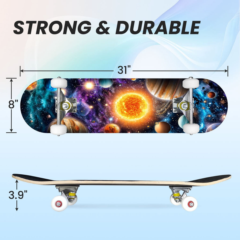 31"x8" Complete Skateboards for Beginners,Geometric Hexagon Glowing Neon Blue Purple Double Kick 7 Ply Canadian Maple Deck Skateboard with Wheels, Gifts for Kids Teens
