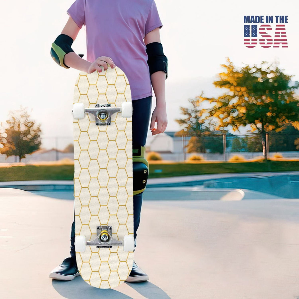 31"x8" Complete Skateboards for Beginners, Modern Abstract Hexagonal Blue Neon Glow Futuristic Double Kick 7 Ply Canadian Maple Deck Skateboard with Wheels, Gifts for Boys Teens