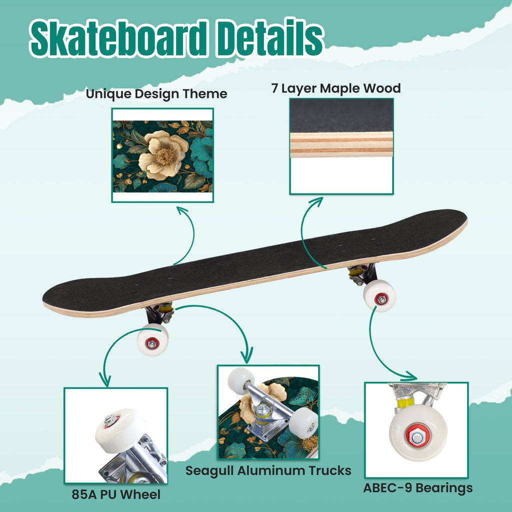 Vintage Floral Bird Sepia Tones 31" x 8" Complete Skateboard, 7-Ply Canadian Maple Double Kick Trick Board for Kids and Beginners Adult Gifts