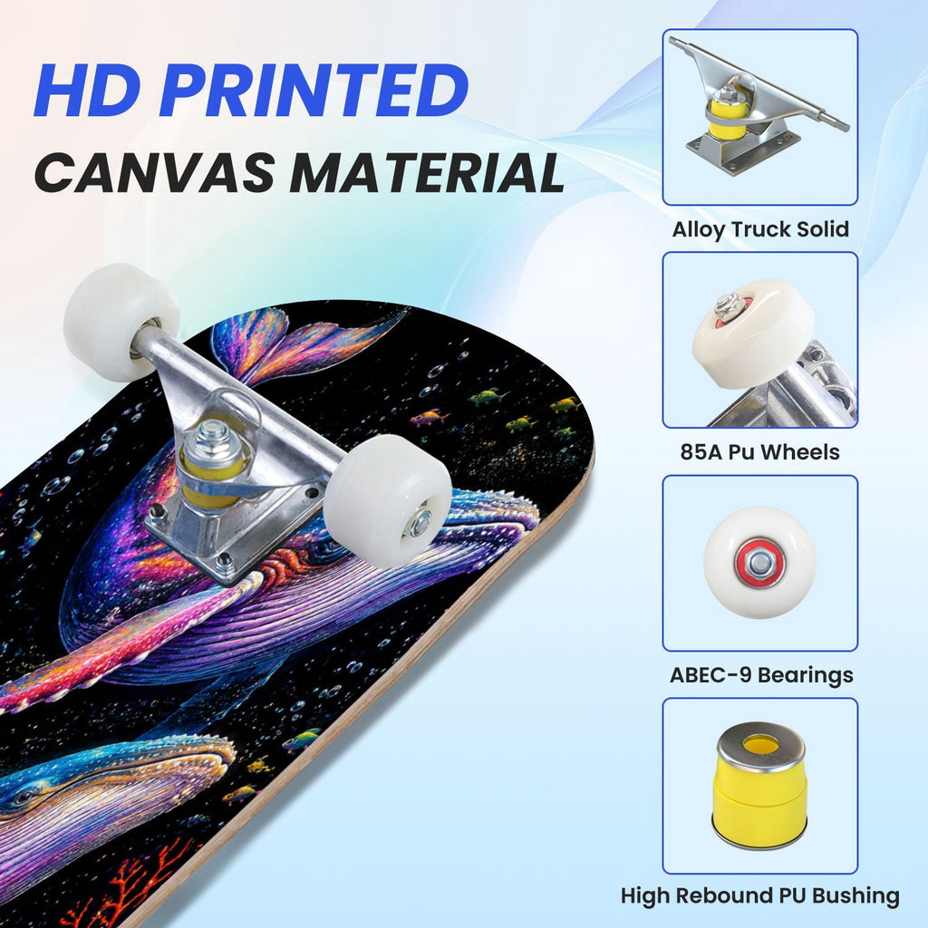31"x8" Complete Skateboards for Beginners, Colorful Cosmic Octopus Tentacles Starry Marine Life Double Kick 7 Ply Canadian Maple Deck Skateboard with Wheels, Gifts for Kids Teens