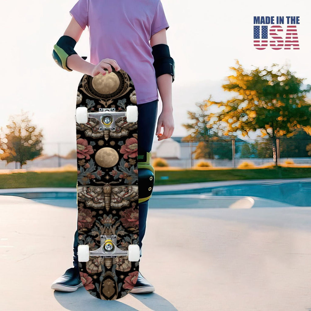 31"x8" Complete Skateboards for Beginners,Whimsical Moths Flowers Pastel Colors Stars Moon Mystical Double Kick 7 Ply Canadian Maple Deck Skateboard with Wheels, Gifts for Kids Teens