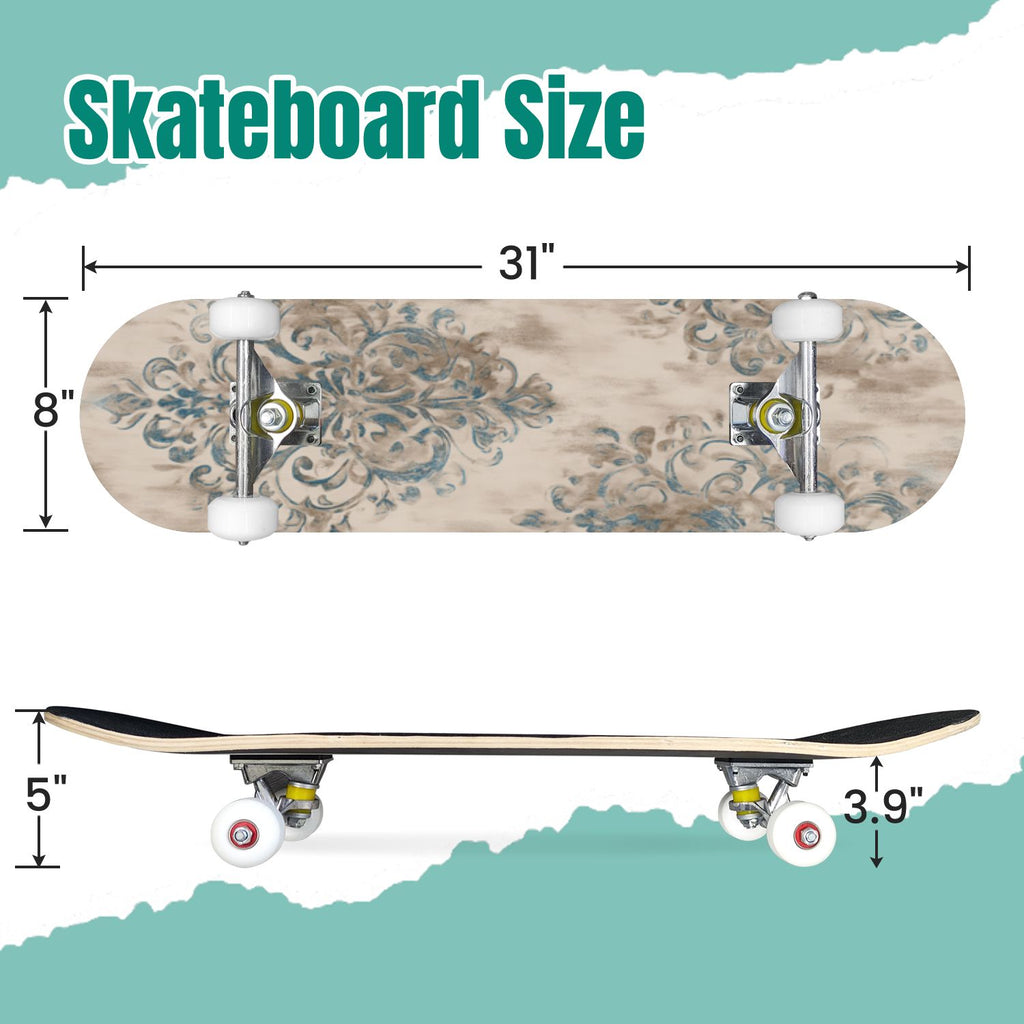 Monstera Leaves Leopard Print Seamless Earth Tones 31" x 8" Complete Skateboard, 7-Ply Canadian Maple Double Kick Trick Board for Kids and Beginners Adult Gifts