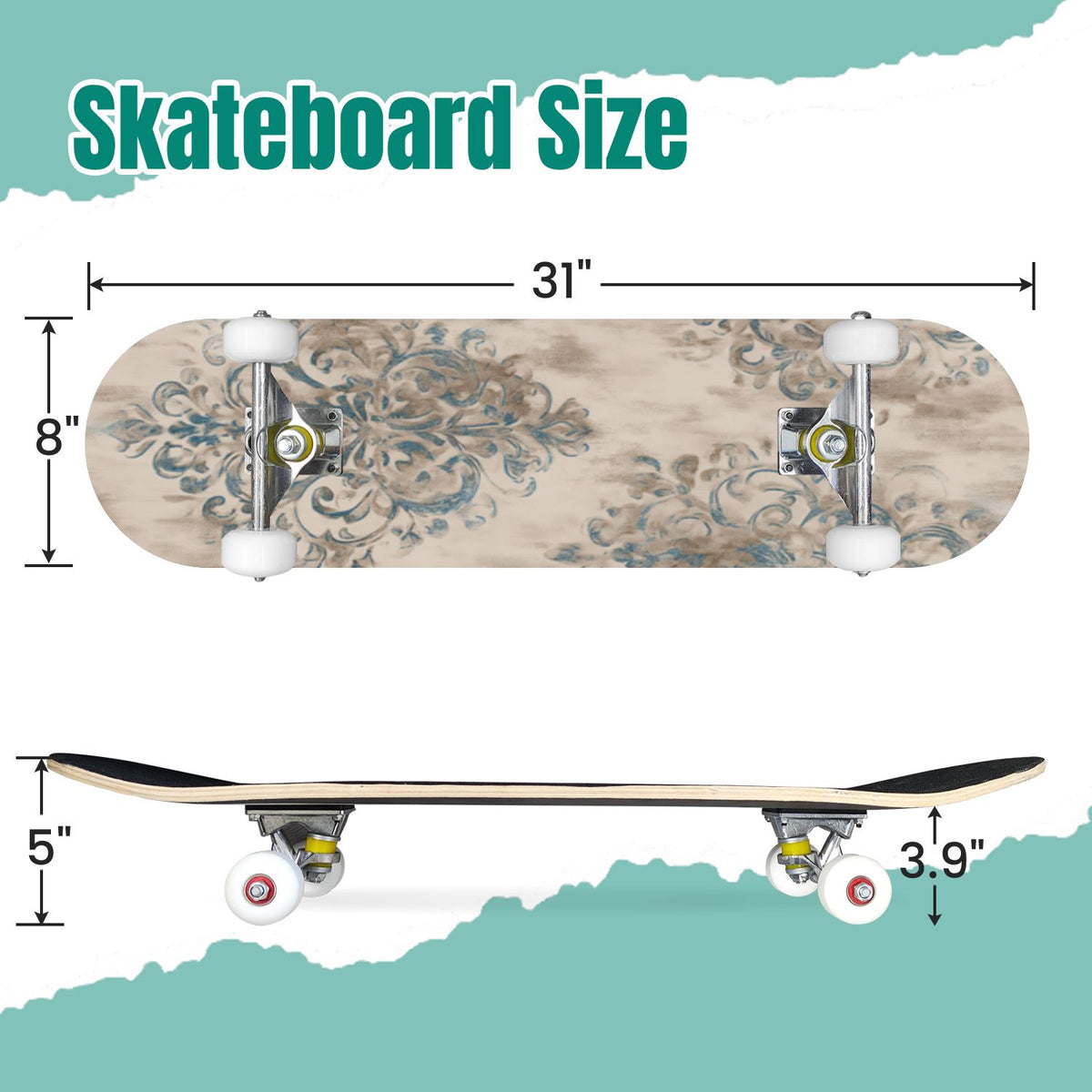 Monstera Leaves Leopard Print Seamless Earth Tones 31" x 8" Complete Skateboard, 7-Ply Canadian Maple Double Kick Trick Board for Kids and Beginners Adult Gifts