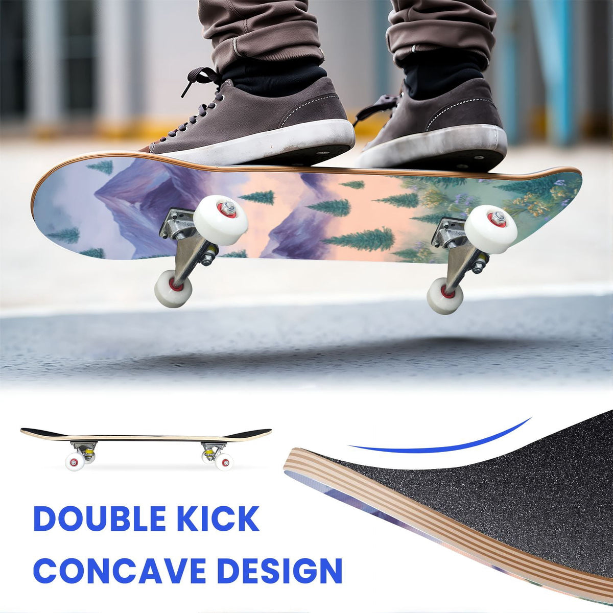 31"x8" Complete Skateboards for Beginners,Cartoon Hand Drawn Ice Cream Doodles Seamless Cones Cupcakes Double Kick 7 Ply Canadian Maple Deck Skateboard with Wheels, Gifts for Kids Teens