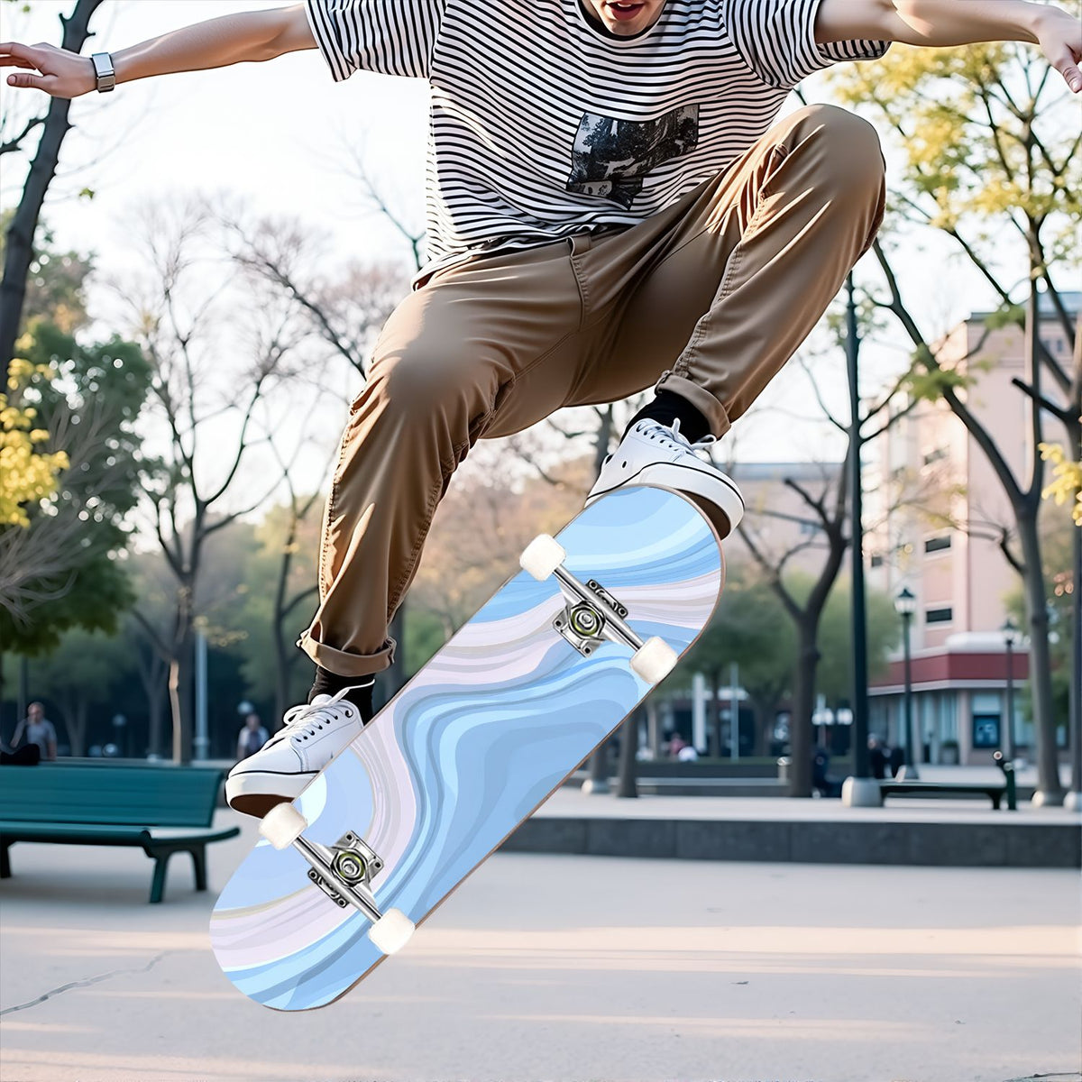 31"x8" Complete Skateboards for Beginners, Abstract Pastel Swirl Soft Earthy Tones Double Kick 7 Ply Canadian Maple Deck Skateboard with Wheels, Gifts for Kids Teens