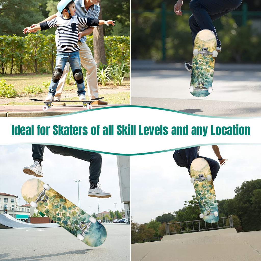 31"x8" Complete Skateboards for Beginners, Vibrant Stained Glass Window Butterflies Flowers Double Kick 7 Ply Canadian Maple Deck Skateboard with Wheels, Gifts for Kids Teens