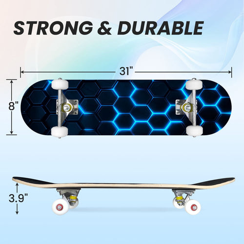 31"x8" Complete Skateboards for Beginners,Hexagon neon blue glow futuristic Double Kick 7 Ply Canadian Maple Deck Skateboard with Wheels, Gifts for Kids Teens