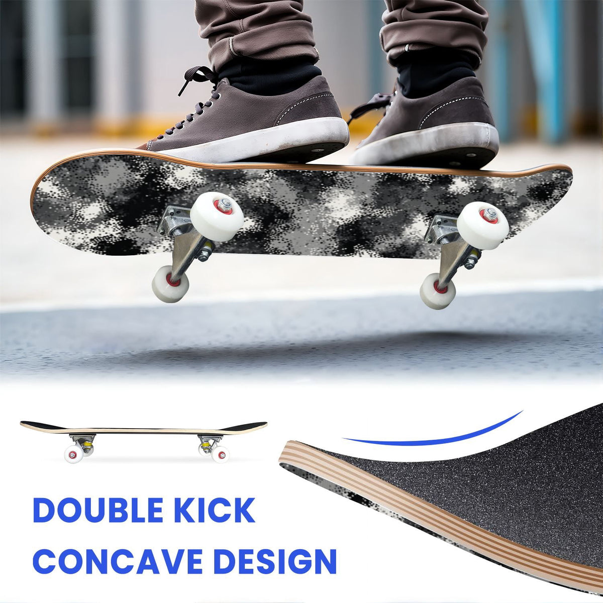31"x8" Complete Skateboards for Beginners,Abstract Natural Earthy Tones Brush Strokes Camouflage Double Kick 7 Ply Canadian Maple Deck Skateboard with Wheels, Gifts for Kids Teens