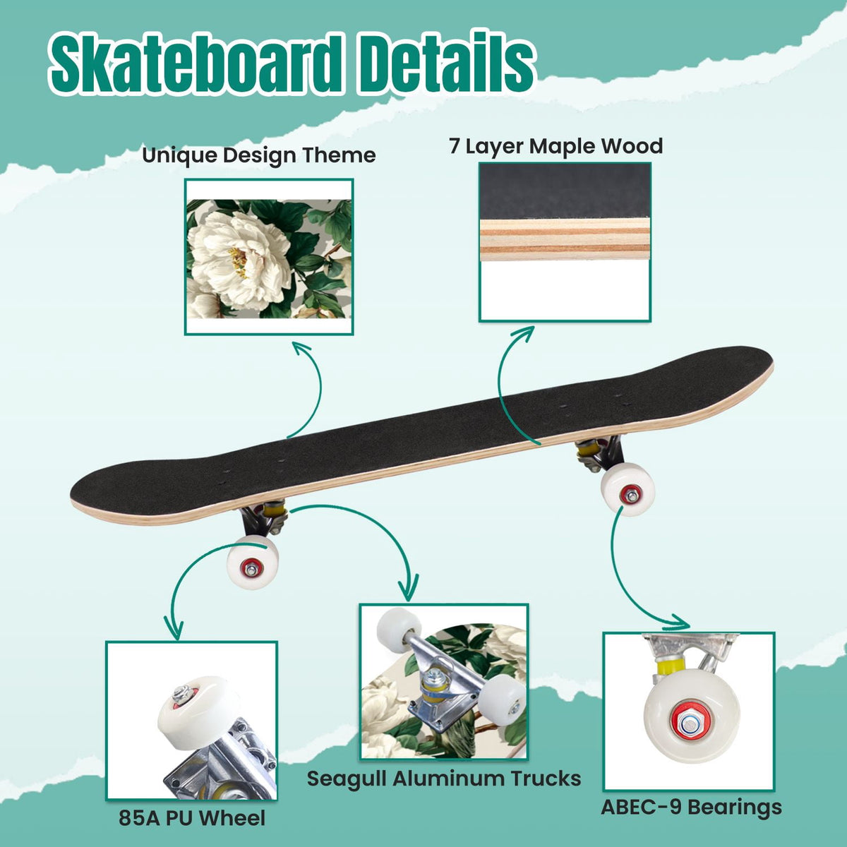 Elegant Cream Peach Peony Floral Green 31" x 8" Complete Skateboard, 7-Ply Canadian Maple Double Kick Trick Board for Kids and Beginners Adult Gifts