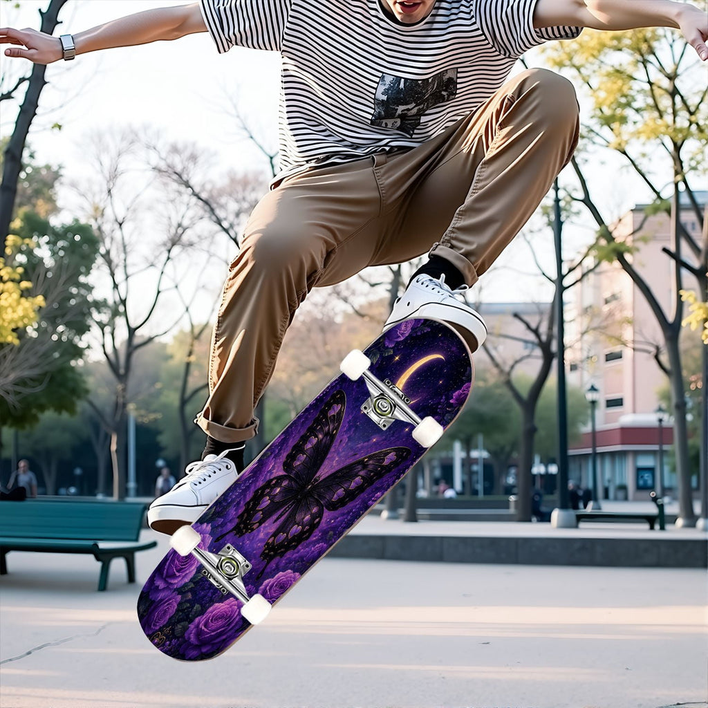 31"x8" Complete Skateboards for Beginners, Purple Celestial Moon Sun Art Floral Stars Double Kick 7 Ply Canadian Maple Deck Skateboard with Wheels, Gifts for Kids Teens