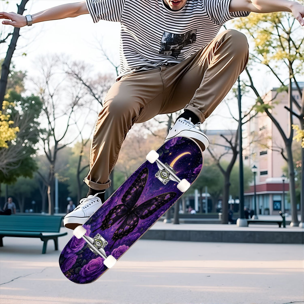 31"x8" Complete Skateboards for Beginners, Purple Celestial Moon Sun Art Floral Stars Double Kick 7 Ply Canadian Maple Deck Skateboard with Wheels, Gifts for Kids Teens