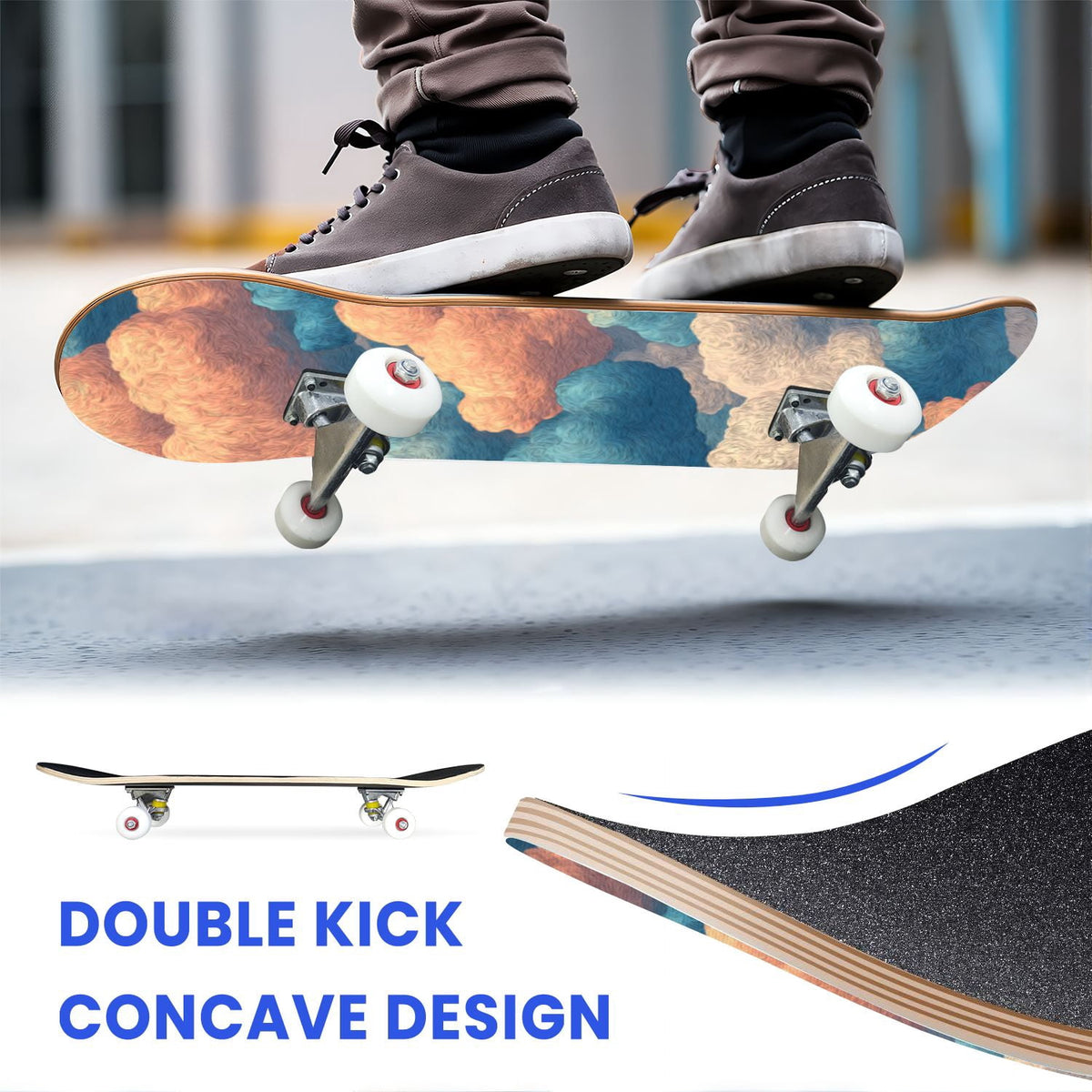 31"x8" Complete Skateboards for Beginners, Pastel Clouds Sparkles Dreamy Gradient Sky Summer Decor Double Kick 7 Ply Canadian Maple Deck Skateboard with Wheels, Gifts for Kids Teens
