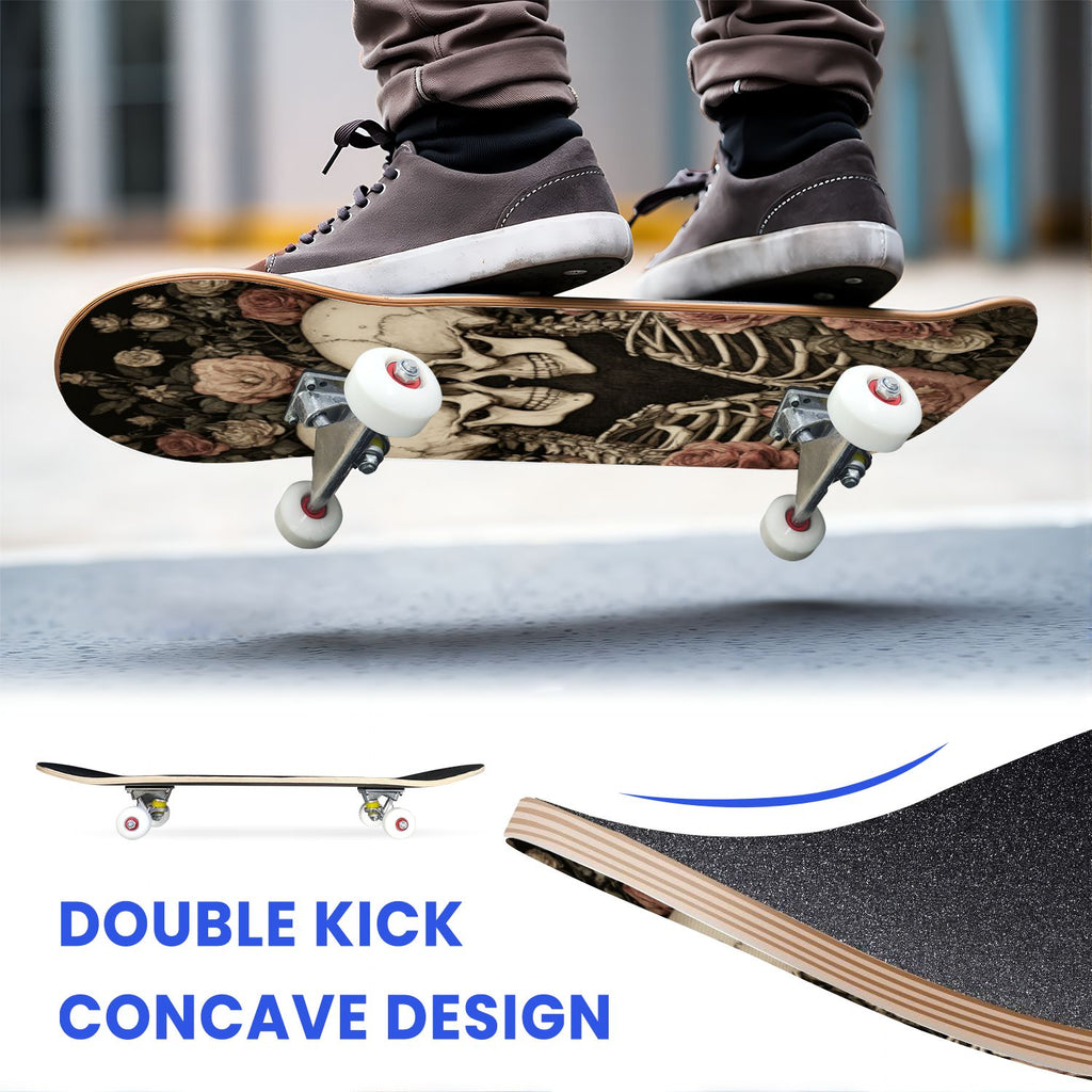 31"x8" Complete Skateboards for Beginners, Romantic Skeletons Blooming Roses Dark Academia Double Kick 7 Ply Canadian Maple Deck Skateboard with Wheels, Gifts for Kids Teens