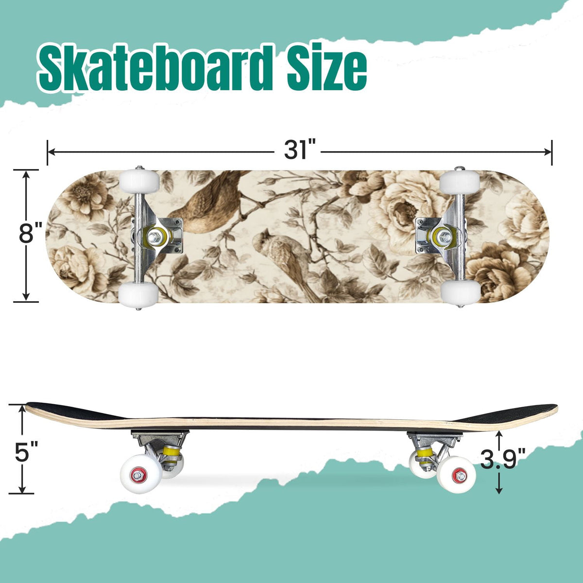 Vintage Floral Bird Sepia Tones 31" x 8" Complete Skateboard, 7-Ply Canadian Maple Double Kick Trick Board for Kids and Beginners Adult Gifts