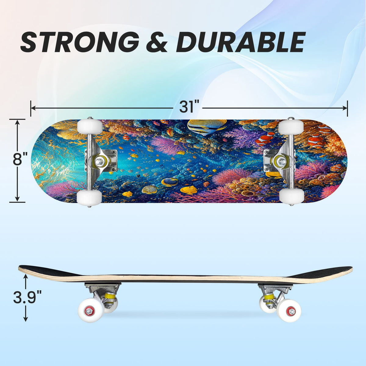 31"x8" Complete Skateboards for Beginners, Colorful Turtle Floral Shell Starry Night Marine Life Double Kick 7 Ply Canadian Maple Deck Skateboard with Wheels, Gifts for Kids Teens