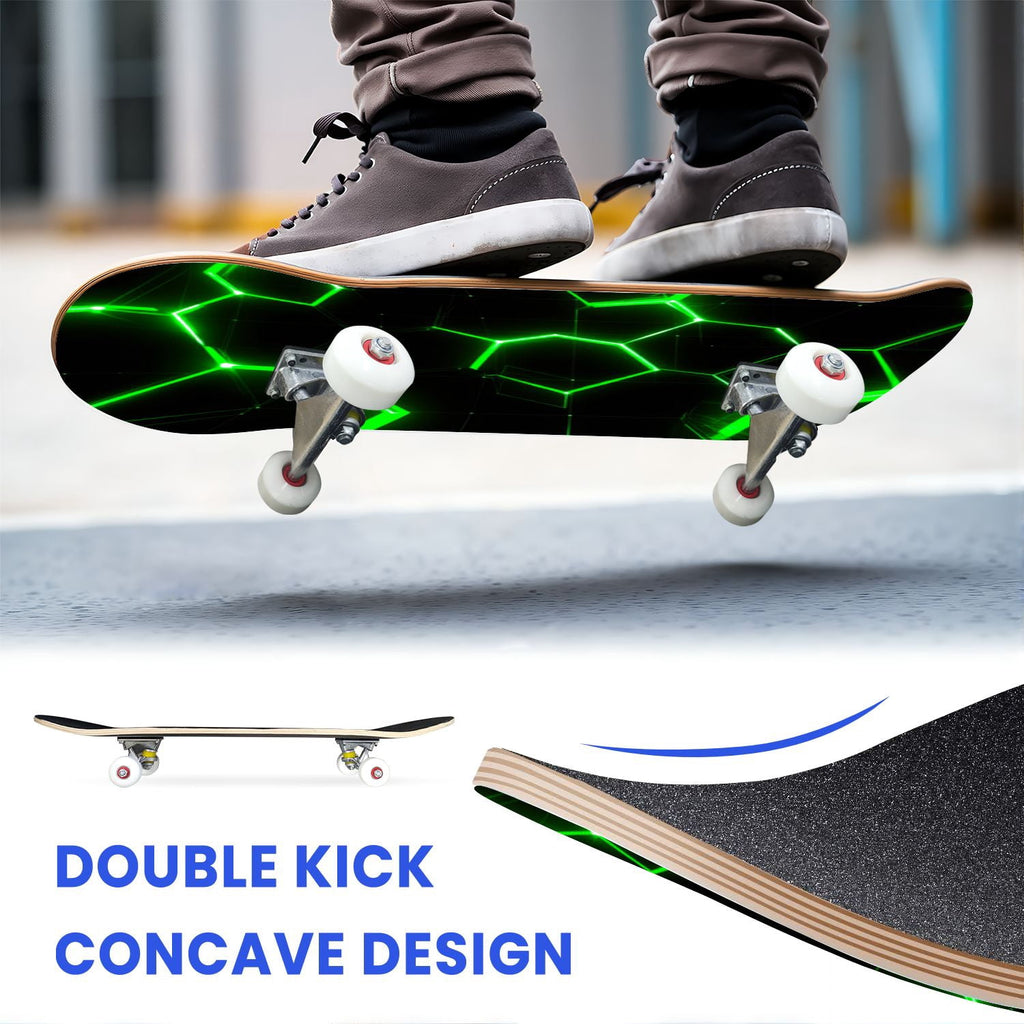 31"x8" Complete Skateboards for Beginners, Honeycomb Futuristic Hexagonal Neon Glowing Orange Light Double Kick 7 Ply Canadian Maple Deck Skateboard with Wheels, Gifts for Kids Teens