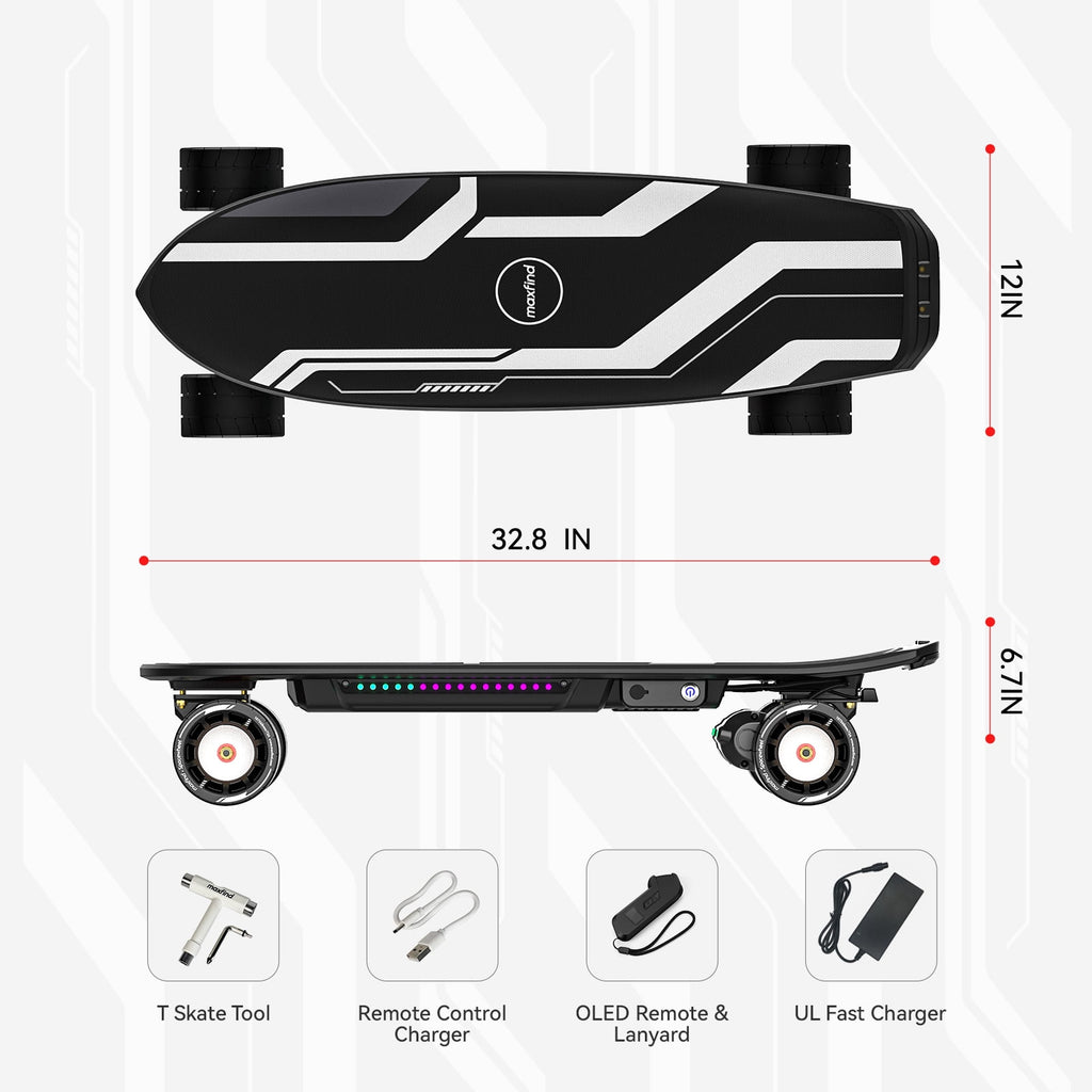 Maxfind Cyber Mini Electric Skateboard with Remote, 32.8", Dual Hub Motors, 24 mph, 15 Miles, App Control