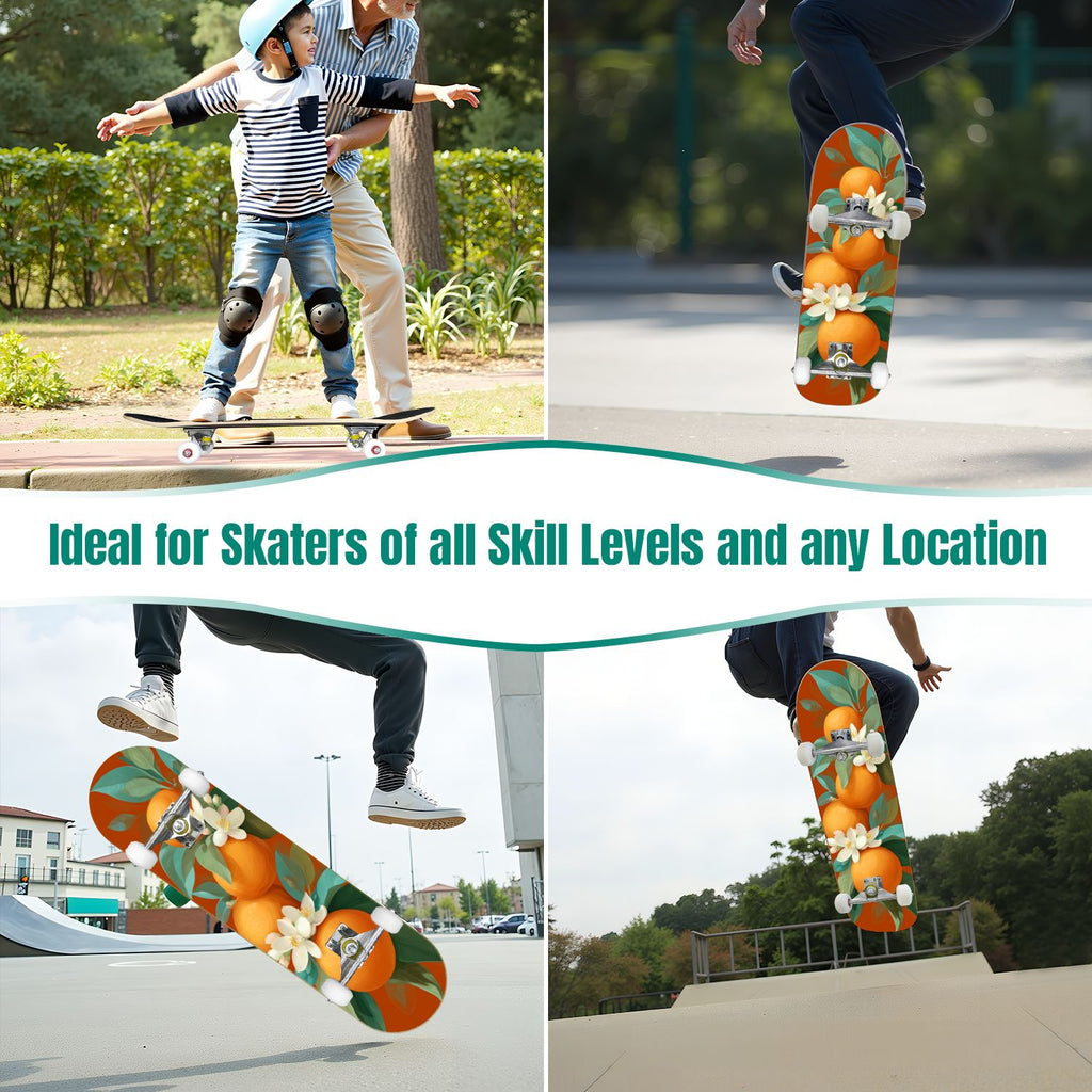 Botanical Birds Lemons Flowers Blue 31" x 8" Complete Skateboard, 7-Ply Canadian Maple Double Kick Trick Board for Kids and Beginners Adult Gifts