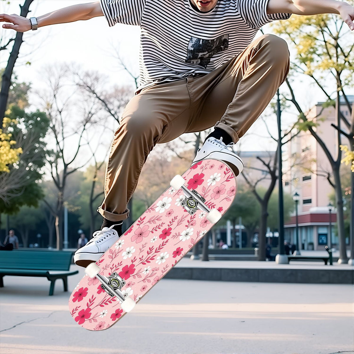 31"x8" Complete Skateboards for Beginners, Pink Floral Striped Delicate Leaves Flowers Botanical Double Kick 7 Ply Canadian Maple Deck Skateboard with Wheels, Gifts for Girls Teens