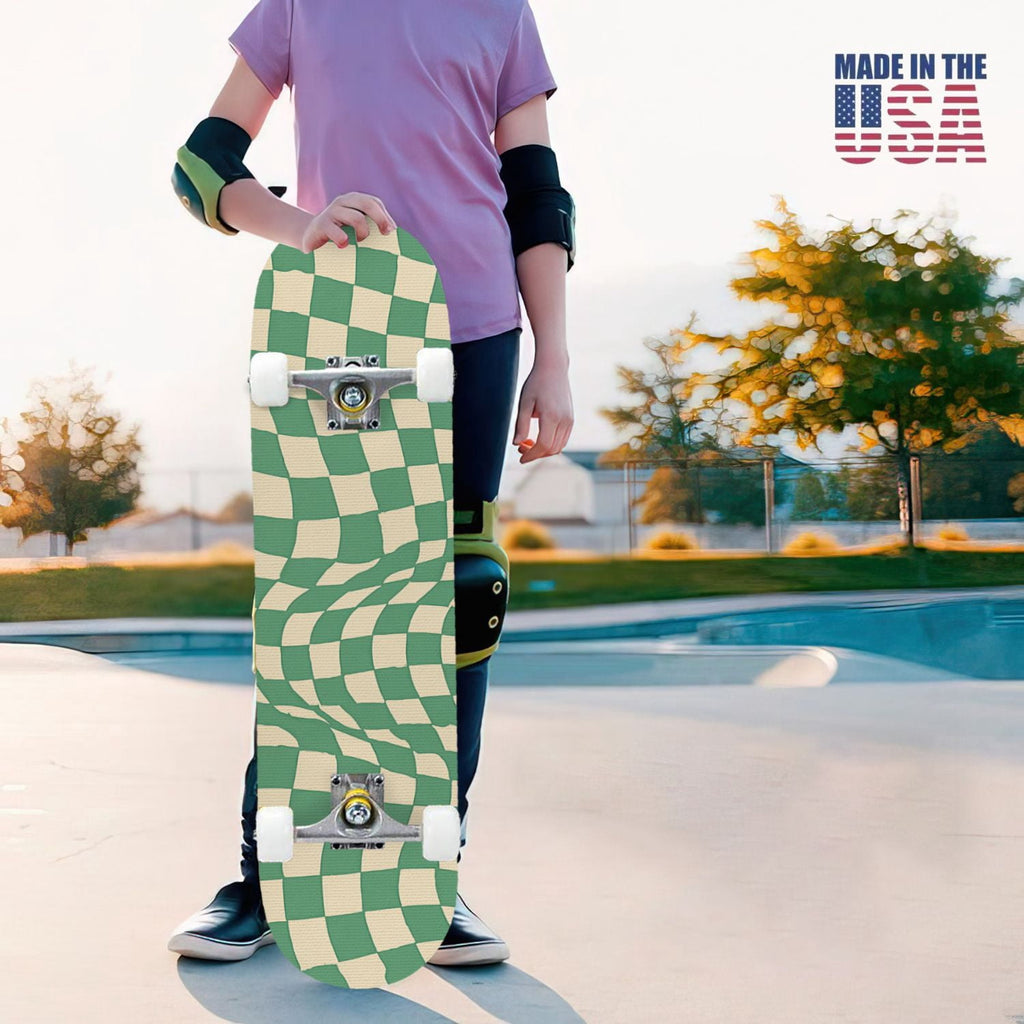 31"x8" Complete Skateboards for Beginners,Colorful Geometric Tile Multicolored Squares Double Kick 7 Ply Canadian Maple Deck Skateboard with Wheels, Gifts for Kids Teens