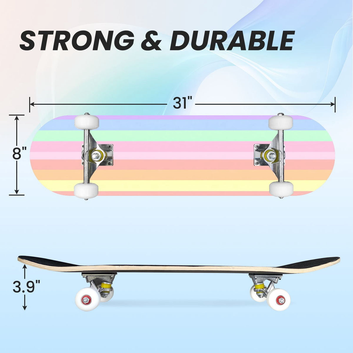 31"x8" Complete Skateboards for Beginners,Watercolor Watermelon Slices Pink Striped Double Kick 7 Ply Canadian Maple Deck Skateboard with Wheels, Gifts for Kids Teens