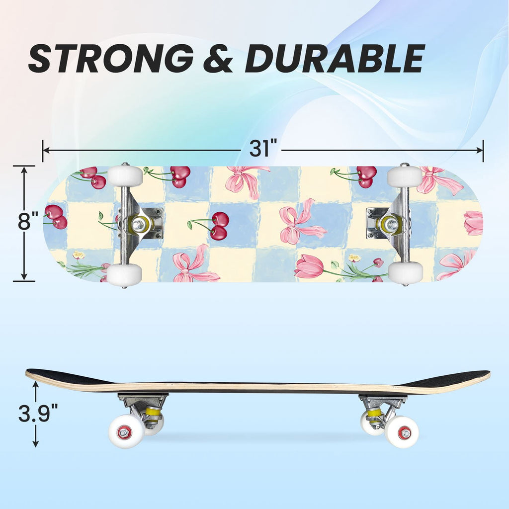 31"x8" Complete Skateboards for Beginners,Green White Plaid Checkered Watercolor Double Kick 7 Ply Canadian Maple Deck Skateboard with Wheels, Gifts for Kids Teens