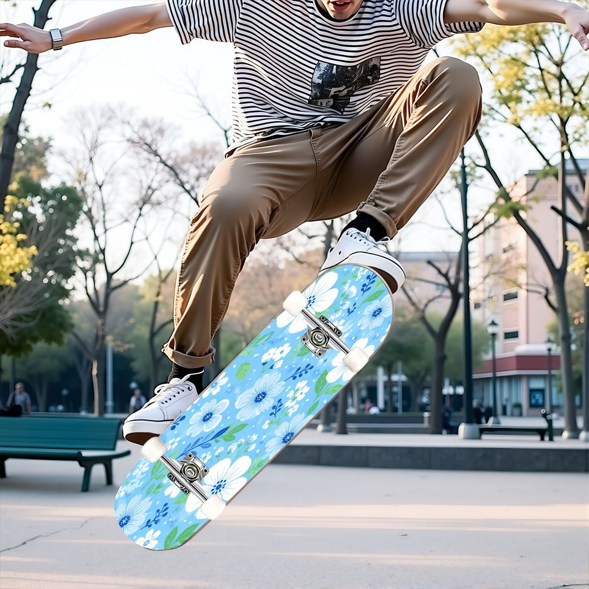 31"x8" Complete Skateboards for Beginners,Elegant White Blue Flowers Soft Petals Dreamy Artistic Double Kick 7 Ply Canadian Maple Deck Skateboard with Wheels, Gifts for Kids Teens
