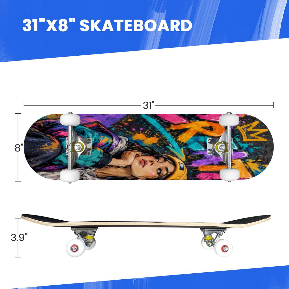 Complete Skateboard Vibrant Brush Stroke Art 31 Inch 7-Ply Maple Skateboard with PU Wheels and Aluminum Trucks, Ready-to-Ride Skateboard for Beginners, Teens and Adults