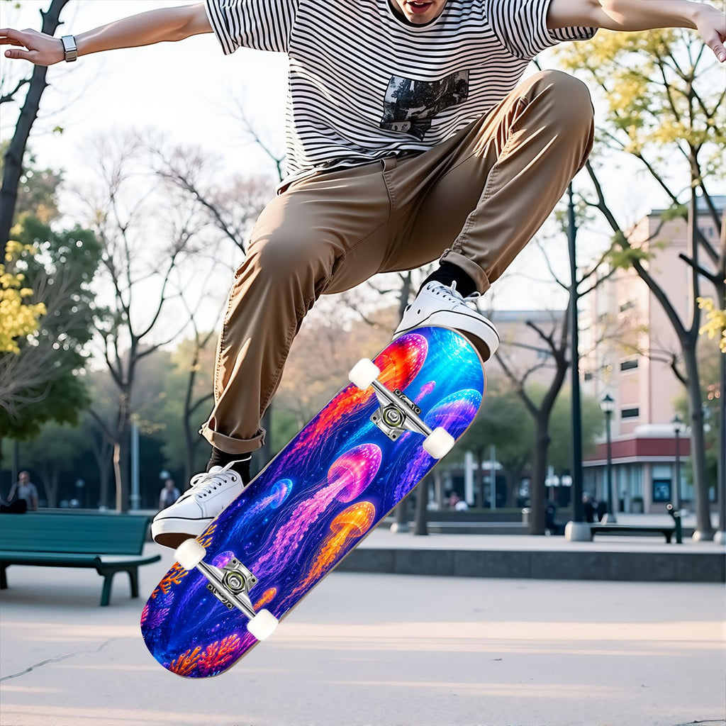 31"x8" Complete Skateboards for Beginners, Colorful Underwater Two Seahorses Coral Reefs Double Kick 7 Ply Canadian Maple Deck Skateboard with Wheels, Gifts for Kids Teens
