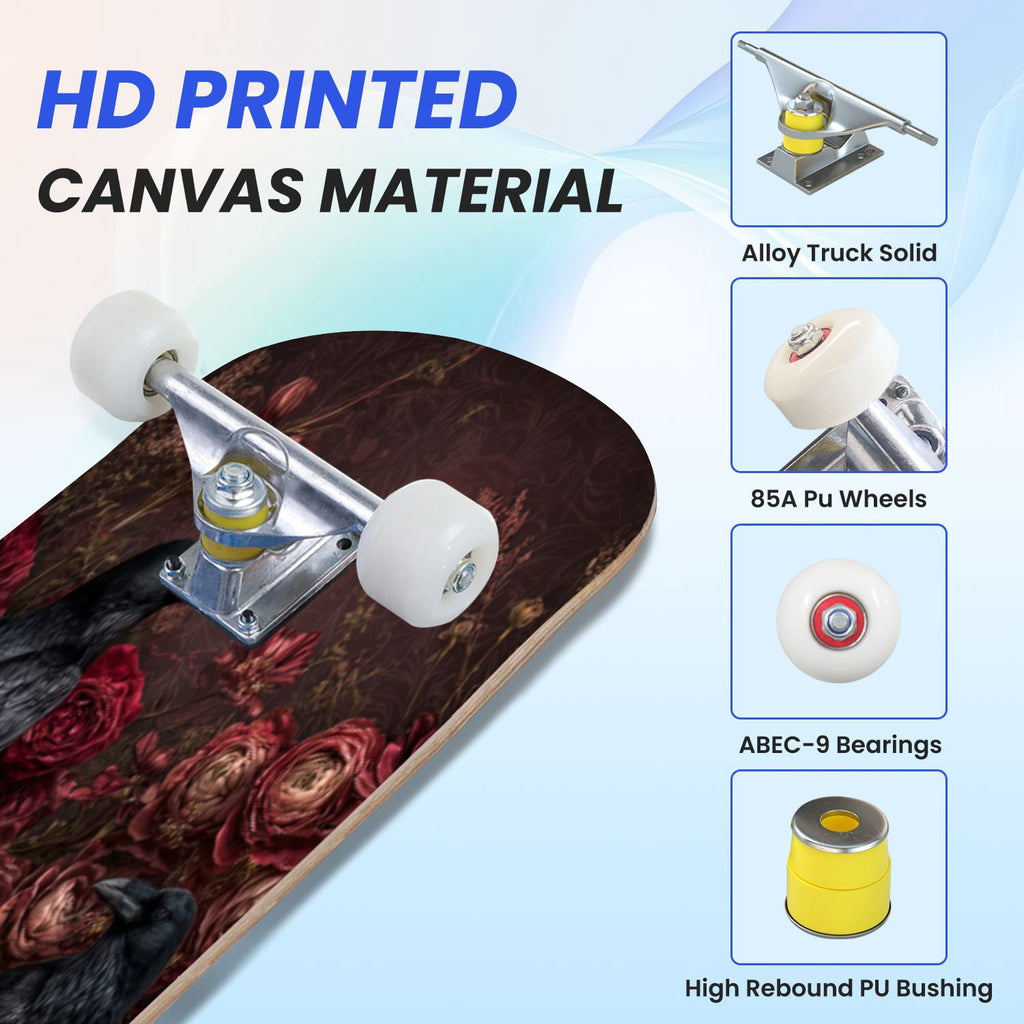 31"x8" Complete Skateboards for Beginners, Romantic Skeletons Blooming Roses Dark Academia Double Kick 7 Ply Canadian Maple Deck Skateboard with Wheels, Gifts for Kids Teens