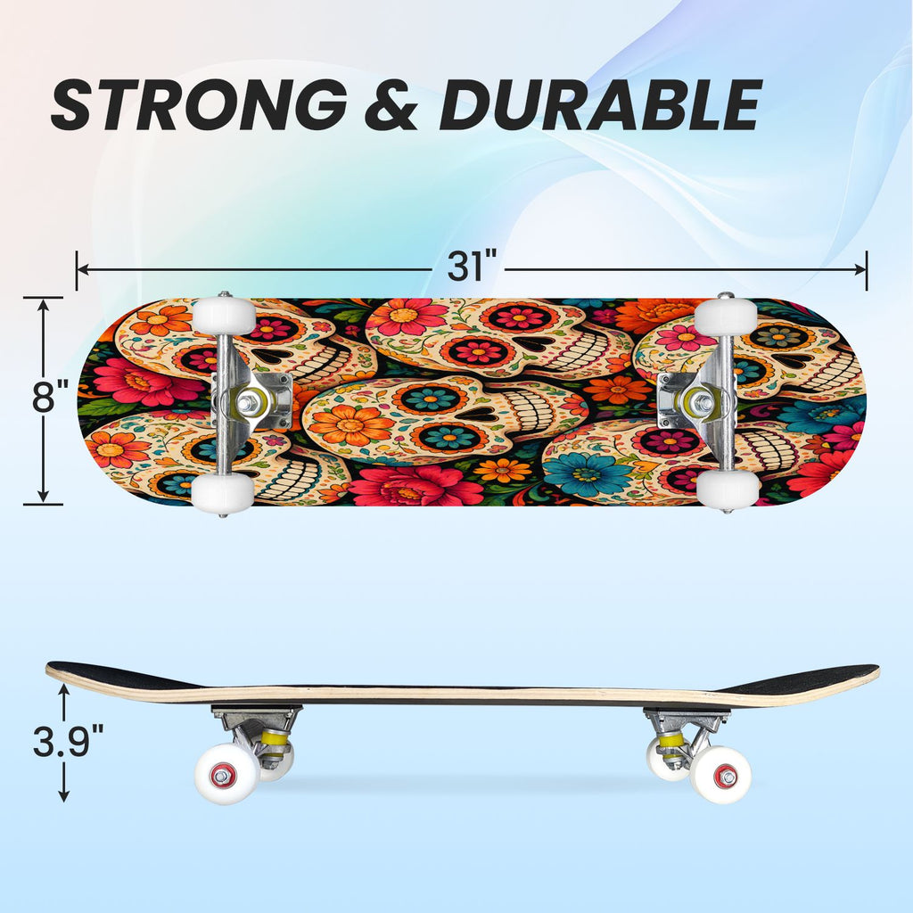 31"x8" Complete Skateboards for Beginners, Colorful Sugar Skulls Floral Patterns Mexican Double Kick 7 Ply Canadian Maple Deck Skateboard with Wheels, Gifts for Kids Teens