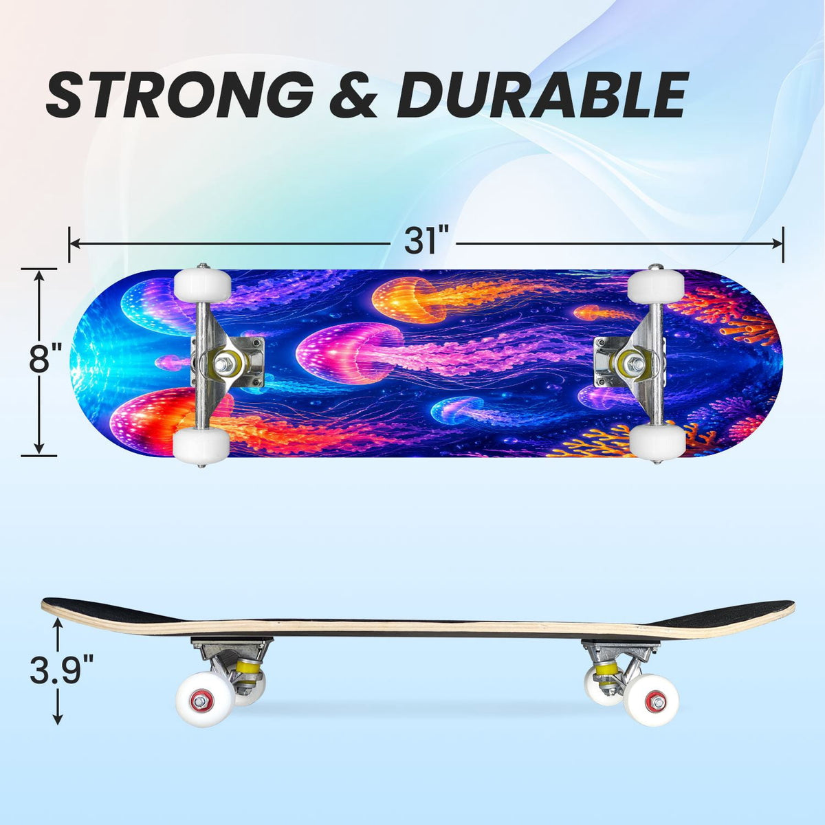 31"x8" Complete Skateboards for Beginners, Colorful Cosmic Octopus Tentacles Starry Marine Life Double Kick 7 Ply Canadian Maple Deck Skateboard with Wheels, Gifts for Kids Teens