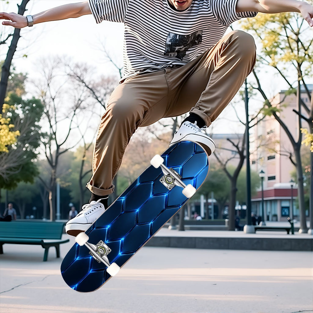 31"x8" Complete Skateboards for Beginners, Modern Abstract Hexagonal Blue Neon Glow Futuristic Double Kick 7 Ply Canadian Maple Deck Skateboard with Wheels, Gifts for Boys Teens